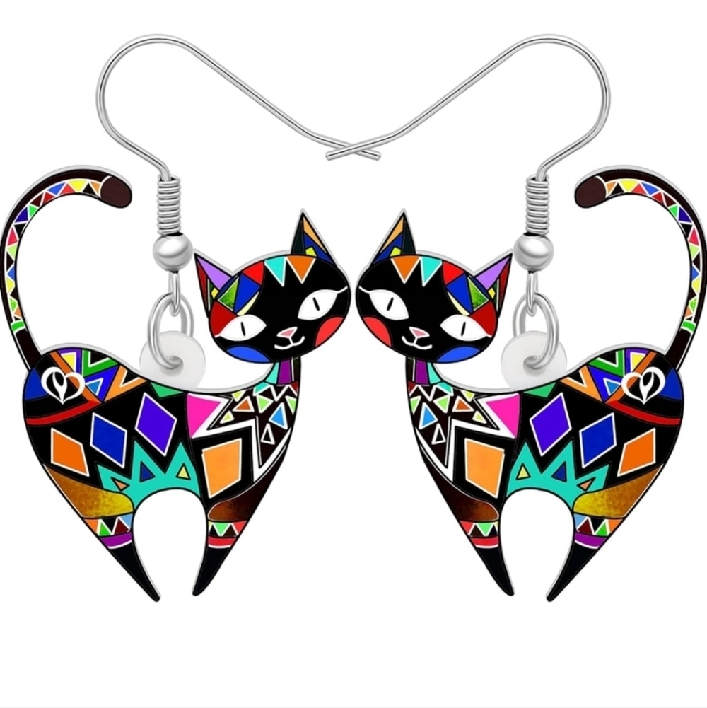 Women's jewelry unique multicolored designed cat dangle earrings!